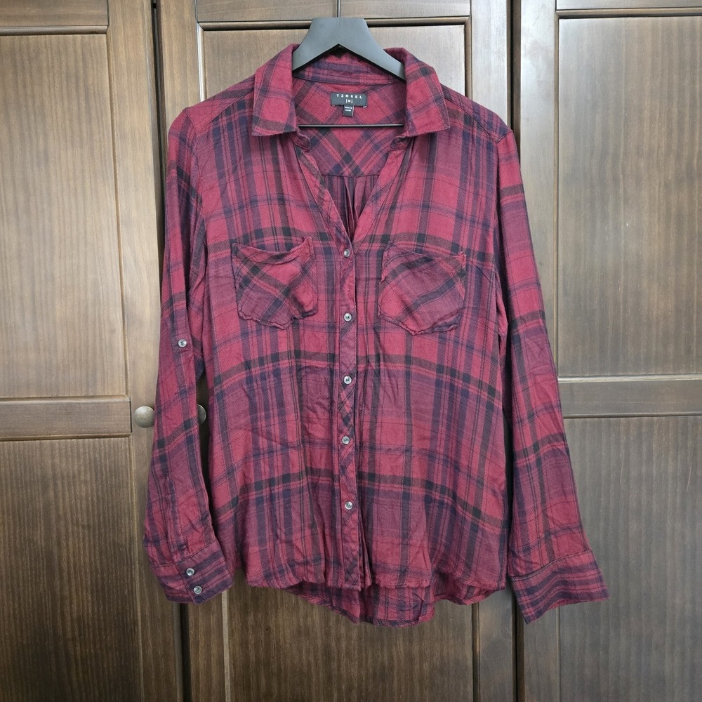 Tinsel Womens M Red Plaid Long Sleeve Roll Tab Button Front Top Burgandy V Neck